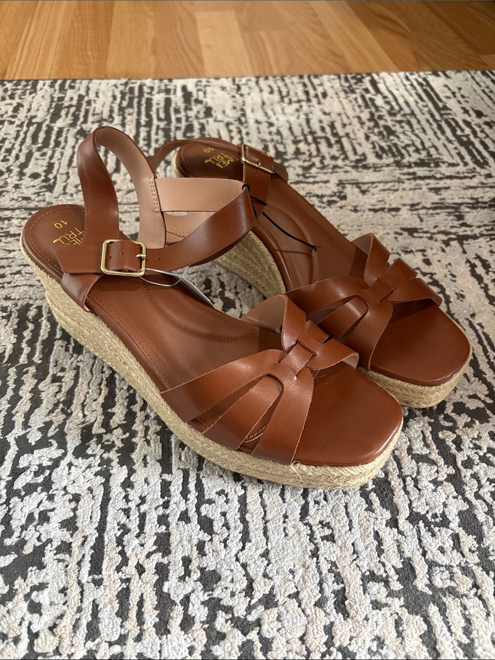 Time and Tru Brown Leather Espadrille Wedge Sandals